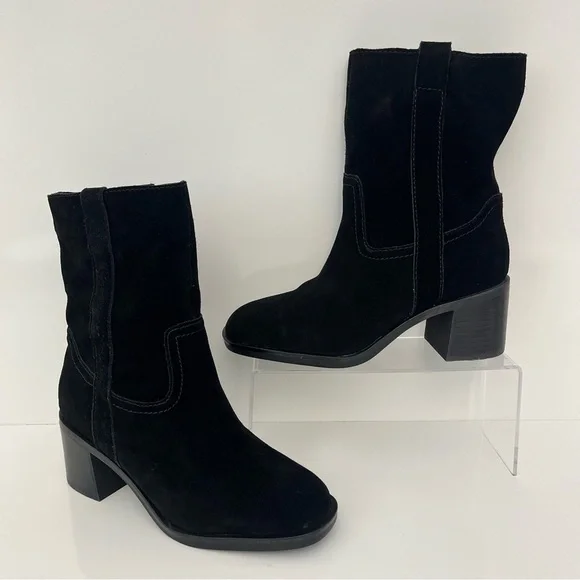 Steve Madden Romney Mid-Calf Boots Black Leather Block Heel Almond Toe Size 6 - Picture 3 of 13
